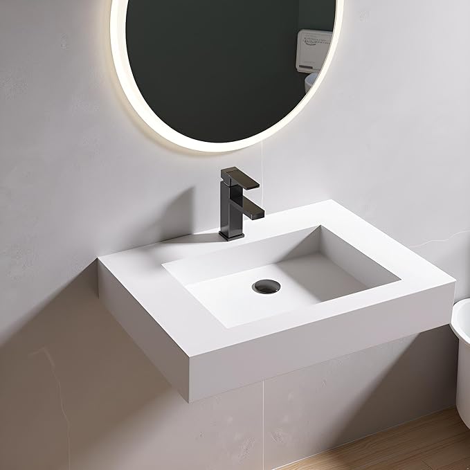 30 inch Wall Mount Floating Vanity with Sink Bathroom Vessel Sink Rectangle Modern Stone Resin White Washing Sink Art Basin for Bathroom AFS140-750