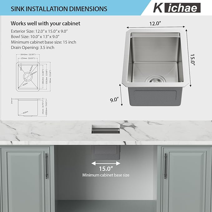 Kichae Bar Sink Undermount - 12 x 15 inch Stainless Steel Bar Prep Sink 16 Gauge Single Bowl Workstation Prep Kitchen Sink Wet Bar Sink With Cutting Borad Heavy Duty Handmade Basin