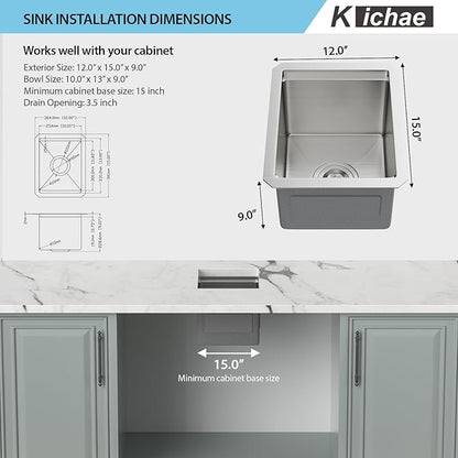 Kichae Bar Sink Undermount - 12 x 15 inch Stainless Steel Bar Prep Sink 16 Gauge Single Bowl Workstation Prep Kitchen Sink Wet Bar Sink With Cutting Borad Heavy Duty Handmade Basin
