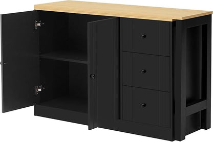 JIJIWANG 89.7'' Wooden Sideboard with Extendable Table,Multifunctional Storage Kitchen Island with 2 Doors and 3 Drawers,for Living Room,Study,Foyer and Kitchen, Black+Natural