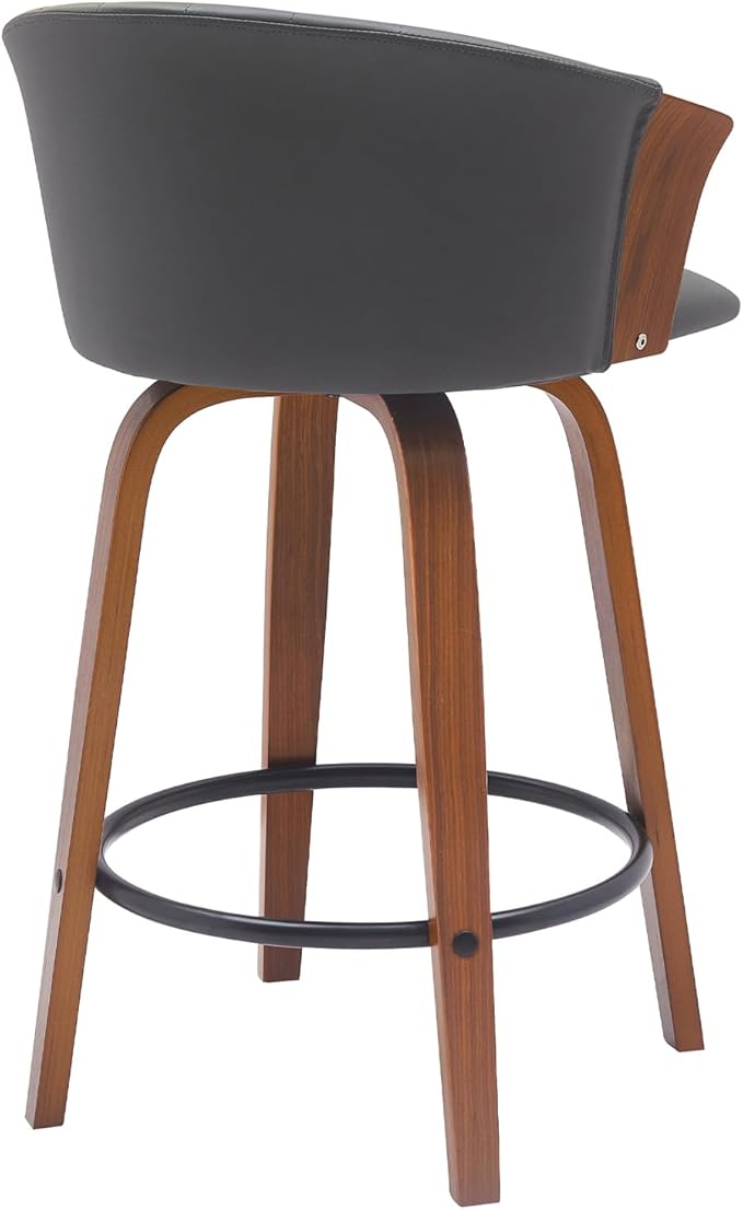 Armen Living Diana 26" Seat Height Mid Century Modern Swivel Walnut Wood Bar Stool for Kitchen Island Counter in Gray Faux Leather