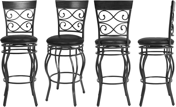 WATERJOY Retro Bar Chairs Set of 4, 360 Degree Swivel Padded Bar Stools Leather Seat Bistro Dining Kitchen Pub Metal Chairs