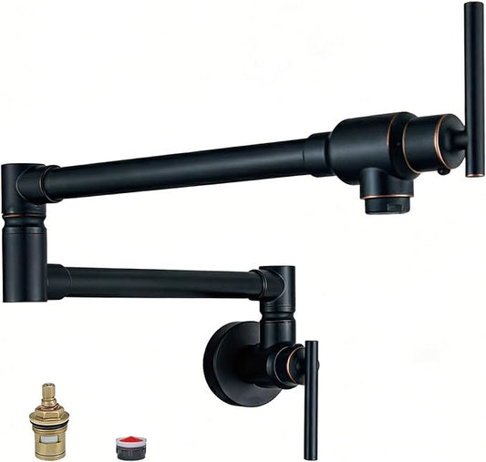 Fransiton Pot Filler, Oil Rubbed Bronze Pot Filler Faucet Wall Mount, Brass Folding Stretchable with Double Joint Swing Arm Single Hole Two Handles Kitchen