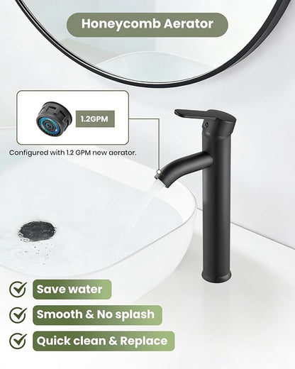 gotonovo Vessel Sink Faucet Modern Tall Bathroom Faucet Single Handle One Hole Stainless Steel Vanity Lavatory Rv Bowl Basin Mixer Tap with Supply Lines and Metal Pop Up Drain, Matte Black