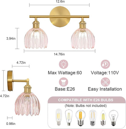 Gold Bathroom Light Fixtures Over Mirror, 2 Light Bathroom Vanity Light Fixture with Tulip Pink Glass Lampshade, Vintage Vanity Lights for Bathroom, Bathroom Vanity Lights Over Mirror
