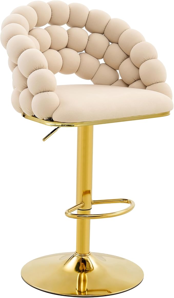 Set of 2 Beige Puffy Bubble Chair Ball Chain Chair Velvet Bar Stools with Gold Legs, Tufted Adjustable Bar Chairs for Kitchen Island Home Bar