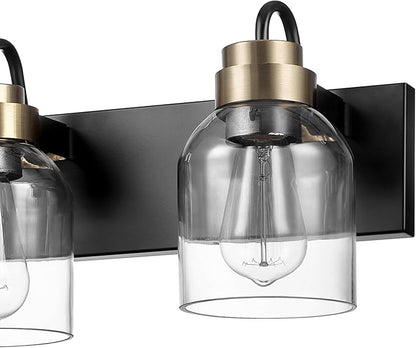 Globe Electric 63000200 22" 3-Light Vanity Light, Matte Black, Matte Brass Accents, Glass Shades, Beauty Room Accessories, Lights for Bathroom, Powder Room Lighting, Bathroom Lights Over Mirror