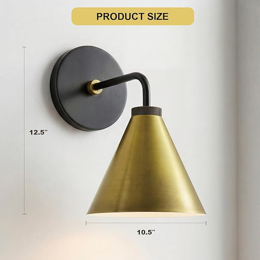 Retro Metal Cone Sconce Light - Modern Gold Wall Sconce with Metal Shade, Wall Mount Lighting for Bedroom, Hallway, Living Room (10.5“W x 10.5" L x 12.5" H Black Plate and Gold)
