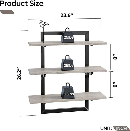 Bestier Floating Shelves for Wall, 24 inch Kitchen Shelves Wall Mounted, 3 Tier Coffee Bar Shelf with Foldable Brackets, Industrial Display Shelf for Bathroom, Living Room, Retro Grey