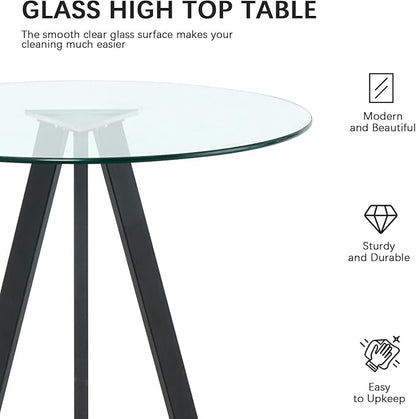 Modern Glass High Top Bar Table Set for 2, Bar Stools Island Chairs, Clear Round Pub Tall Table with Faux Leather Counter Height Padded Stools for Home Bar Dinning Room Kitchen (Beige)