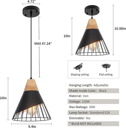 Black Pendant Light, 2 Packs 9.4inch Modern Pendant Lights, Farmhouse Pendant Light, Kitchen Pendant Lighting, Black Pendant Lights Kitchen Island for Living Room, Bar, Bedroom, Office
