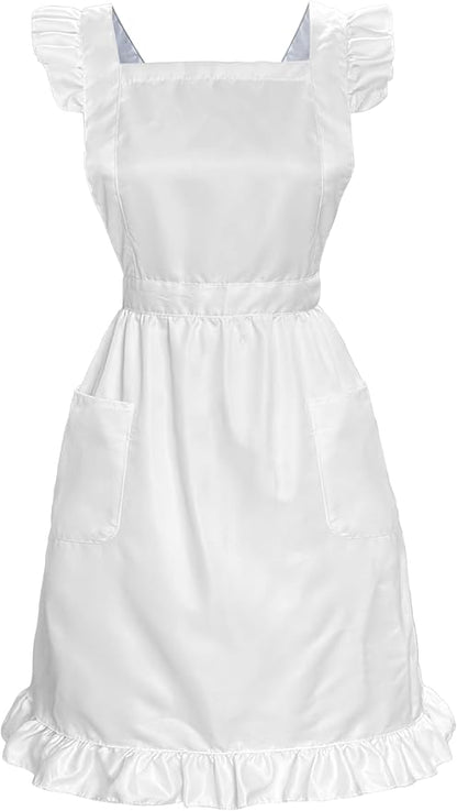 Cityelf Vintage White Apron Maid Pioneer Costume Victorian Style Cotton 50’s Ruffle Dress Apron with Long Ties and Pockets