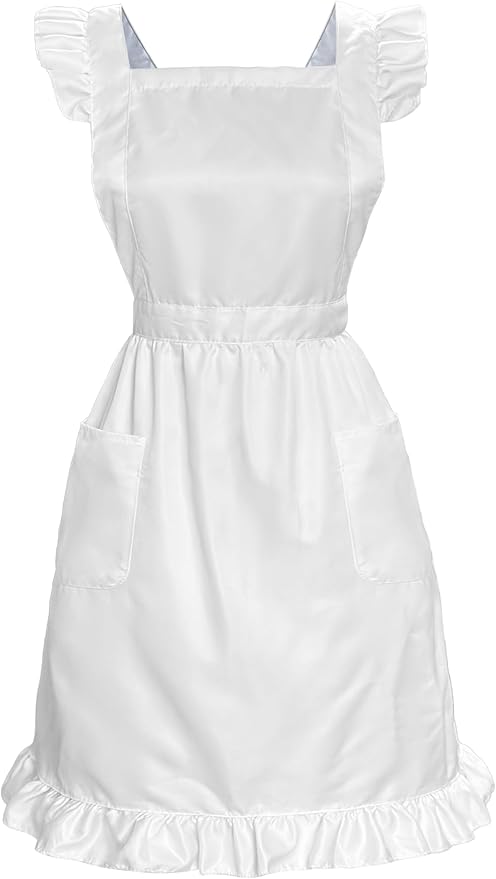 Cityelf Vintage White Apron Maid Pioneer Costume Victorian Style Cotton 50’s Ruffle Dress Apron with Long Ties and Pockets