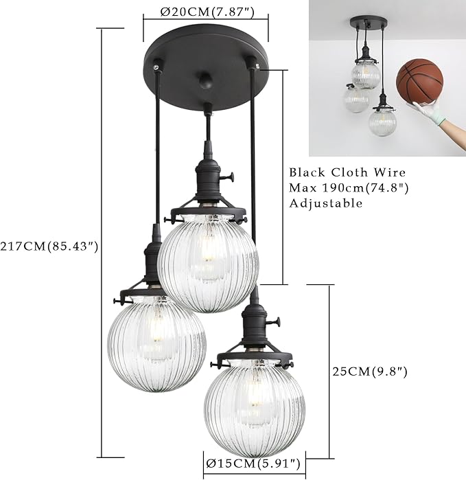 Phansthy Kitchen Island Lighting, 3 Lights Linear Chandeliers, Hanging Light with 5.9" Globe Striped Glass Shade, 3-Light Pendant Light Fixtures for Dining Room Farmhouse (Black, Round Base)