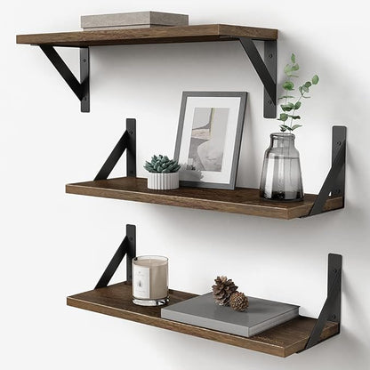 Forbena Rustic Floating Shelves Wall Mounted Set of 3, 17 Inch Natural Wood Wall Shelves, Decor Storage Shelf for Bedroom Bathroom Living Room Office Pictures Plants Books Cats TV (Rustic Brown)