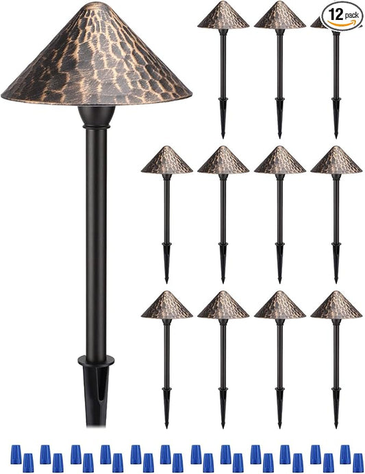 LEONLITE 12-Pack LED Low Voltage Landscape Path Light, 3W 12-24V AC/DC, Pathway Lighting Wired, Outdoor Light for Yard Lawn, ETL CRI90+ Unique Vintage Golden Texture, Aluminum, 3000K Warm White