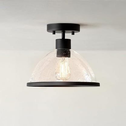 Globe Electric 60000121 1-Light Outdoor Flush Mount Ceiling Light, Matte Black, Seeded Glass Shade, Weather Resistant, Indoor
