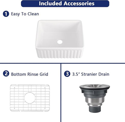 DeerValley Farmhouse Single Kitchen Sink, 24" L x 18" W White Reversible Single Bowl Farm Sink with Apron Front Ceramic Kitchen Sinks with Grid & Strainer