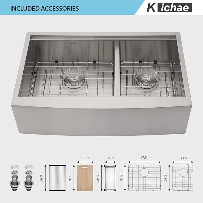 33 Farmhouse Sink Double Bowl - Kichae 33 Inch Apron Front Stainless Steel Double Bowl Low Divided 60/40 Ledge Workstation Handmade Farm Kitchen Sink