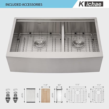33 Farmhouse Sink Double Bowl - Kichae 33 Inch Apron Front Stainless Steel Double Bowl Low Divided 60/40 Ledge Workstation Handmade Farm Kitchen Sink