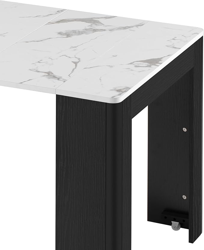 CYJZH Extendable Dining Table with 3 Removable Middle Leaves, Mobile Rolling Island Table with Power Outlet, Saving-Space Cabinet with Storage for Dining Room and Living Room (Black and Marble White)