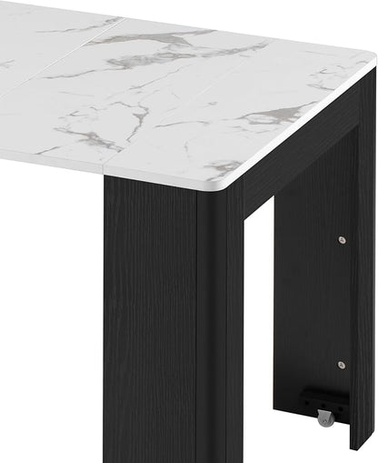 CYJZH Extendable Dining Table with 3 Removable Middle Leaves, Mobile Rolling Island Table with Power Outlet, Saving-Space Cabinet with Storage for Dining Room and Living Room (Black and Marble White)