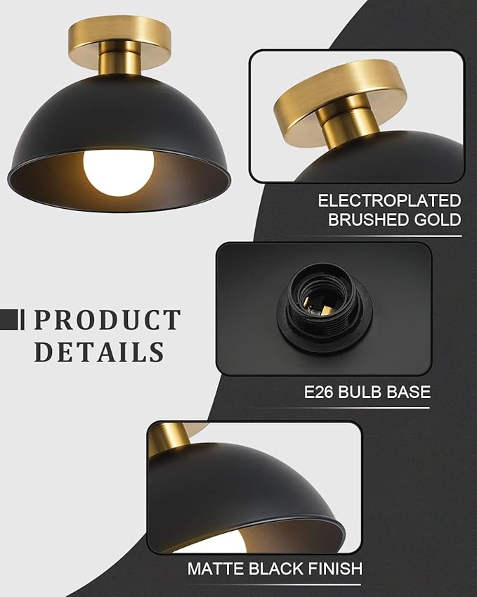 3-Pack Industrial Semi Flush Mount Ceiling Light with Gold Plate and Matte Black Shade, Farmhouse Ceiling Light Fixture for Kitchen Island Dining Room Foyer Hallway Porch Barn Loft，10in