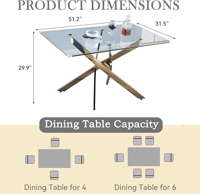 Glass Dining Table,51'' Rectangular Dining Kitchen Table,Modern X-Design Dining Room Table with Gold Stainless Steel Base for Dining Room