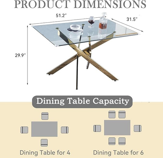 Glass Dining Table,51'' Rectangular Dining Kitchen Table,Modern X-Design Dining Room Table with Gold Stainless Steel Base for Dining Room