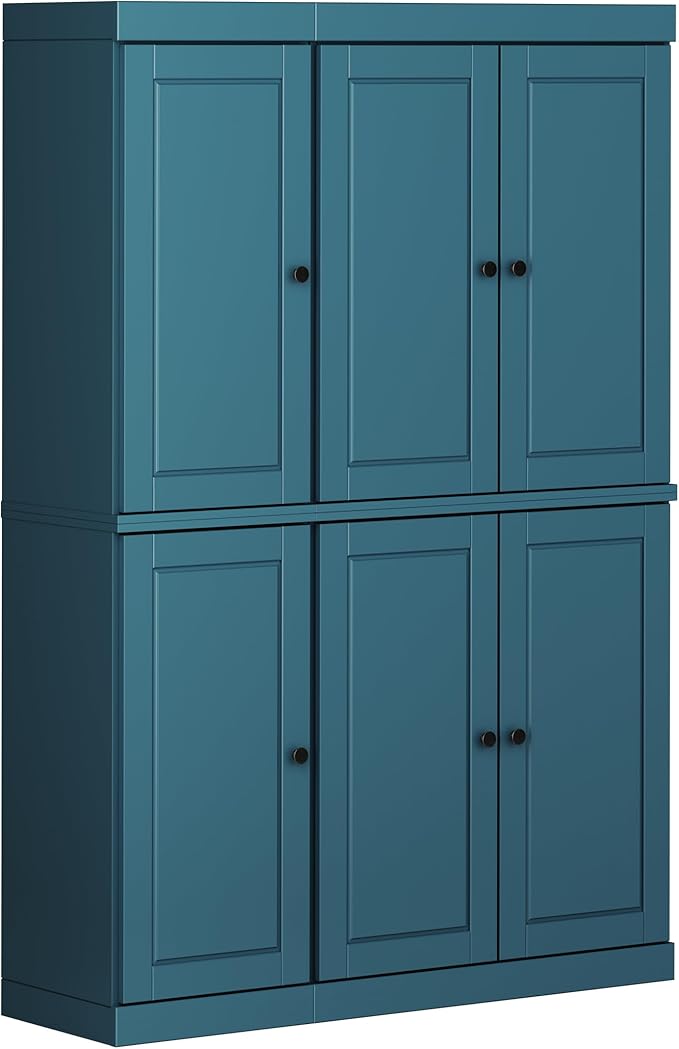 Palace Imports Solid Wood Kitchen Pantry Cabinet - 71.5" H x 48.5" W - Freestanding Storage Pantry w/ 2-Drawer Kit & Adjustable Shelves - Teal Blue, Renewable Eco-Friendly 100% Wood, Made in Brazil