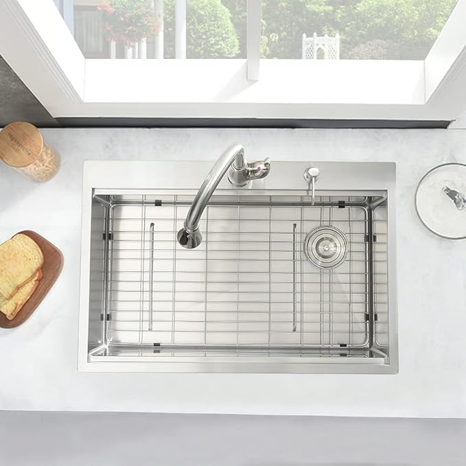 30 Inch Drop in Kitchen Sink, 30x22 Single Bowl Drop in Sink Kitchen Topmount Workstation 16 Gauge Stainless Steel Sink Deep Basin with Offset Drain