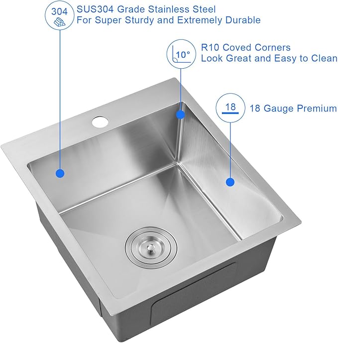 MENATT 15 x 17 Inch Drop in Bar Sink, Single Faucet Hole Single Bowl Topmount Small Kitchen Sink, 304 Stainless Steel Kitchen Bar or Prep Sinks, Brushed