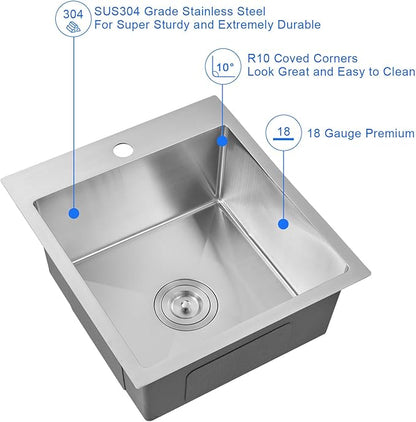 MENATT 15 x 17 Inch Drop in Bar Sink, Single Faucet Hole Single Bowl Topmount Small Kitchen Sink, 304 Stainless Steel Kitchen Bar or Prep Sinks, Brushed