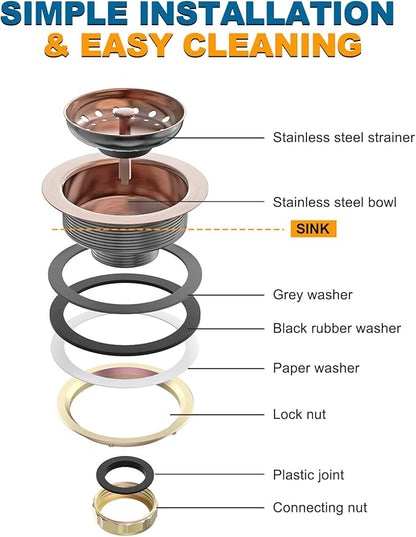 BOTEMY Stainless Steel Copper Sink Drain Strainer Kit 3-1/2 inch Kitchen Drain Assembly with Metal Center Knob Basket Stopper Replacement for Standard Kitchen Sinks, Antique Copper