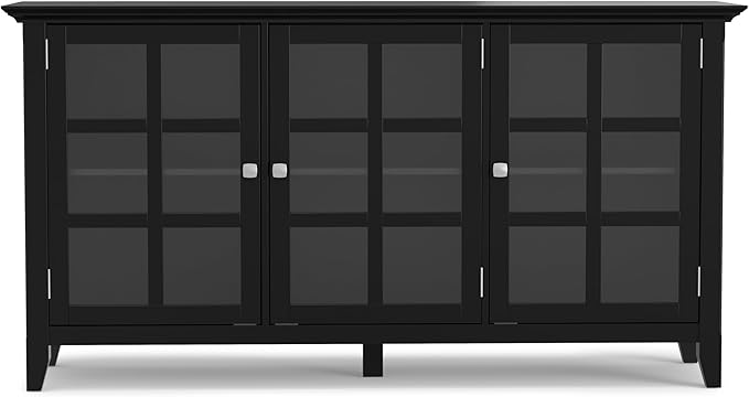 SIMPLIHOME Acadian Storage Cabinet - 62 inch Wide Solid Wood 3-Shelf Sideboard in Black, Transitional Buffet for Living Room, Entryway, or Dining Room with Adjustable Shelves and Glass Doors