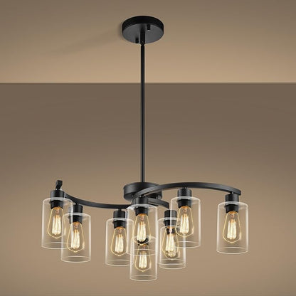 Sigaitwei 9-Light Modern Farmhouse Chandelier，29.5" Black Dining Room Light Fixture，Industrial Pendant Lights Kitchen Island,Metal Bracket with Downward Clear Glass Shade