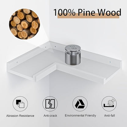 4 Tier Corner Wall Shelf, Floating Shelves with Lip, White Modern Corner Shelves Wall Mounted, Solid Pine Wood L Shaped Shelf for Living Room, Bedroom, Bathroom, Home Storage