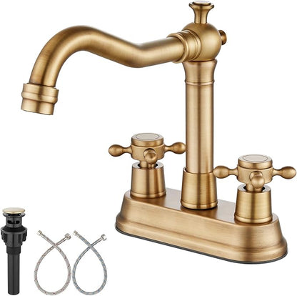 Aolemi 4 Inch Centerset Bathroom Sink Faucet Vintage 2 Cross Handle RV Mixer Tap Basin Vanity Lavatory Utility for Sink 3 Hole Include Hoses Pop Up Drain Faucet Handle Without Label Antique Brass