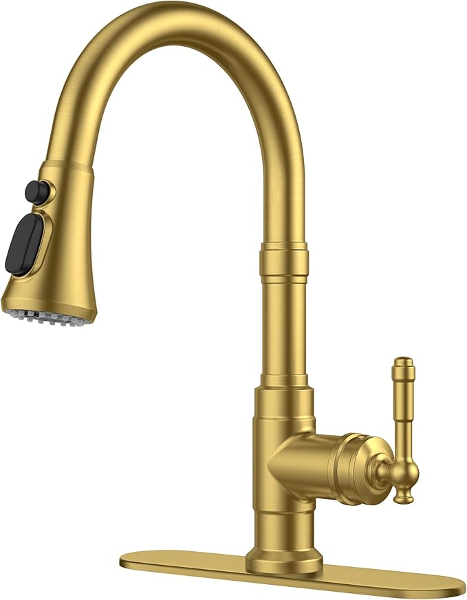 FORIOUS Vintage Kitchen Faucets with Pull Down Sprayer, Gold High Arc Single Handle Stainless Steel Antique Pull Out Sink Faucet for Farmhouse Camper Rv Bar, Fit for 1 or 3 Hole