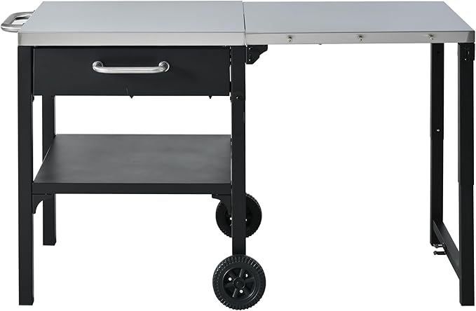 JIJIWANG 54.7" Outdoor Kitchen Island with Stainless Steel Top and Foldable Table, Kitchen Island with Drawer and Shelf, BBQ Cart with Wheels for Backyard Patio Black