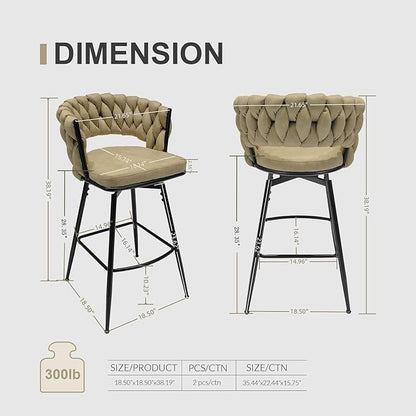 28" Technical Leather Woven Bar Stool Set of 2,Black Legs Barstools No Adjustable Kitchen Island Chairs,360 Swivel Bar Stools