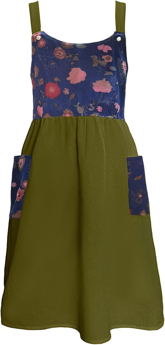 Cityelf Vintage Pinafore Apron Dress Snap Adjust Linen Cotton with Pockets Floral Aprons for Cooking Gardening