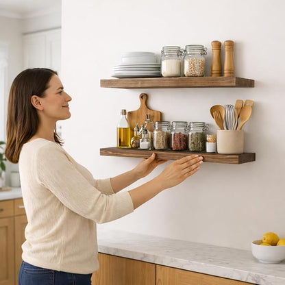 BGMG Wood Floating Shelves for Wall 24 inch Set of 2, Rustic Wooden Wall Mount Shelves for Bathroom Living Room Bedroom Kitchen Farmhouse -24x 6.7 x1.25 inch-Dark Walnut