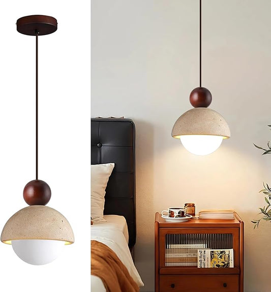 Japanese Wabi sabi Pendant Light with Natural Stone Shade, Dimmable Modern Wood Hanging Lamp Fixture, Adjustable Height Pendant Lamp for Bedroom, Kitchen Island, Dining Room, Restaurant, Cafe, Bar (I)