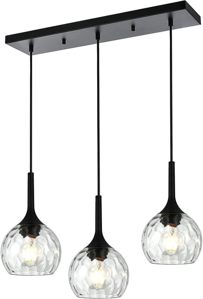 VINLUZ Linear 3-Light Hanging Pendant Kitchen Island Light in Black Finish, Modern Chandelier with Round Ribbed Glass Shades for Dining Room and Hallway
