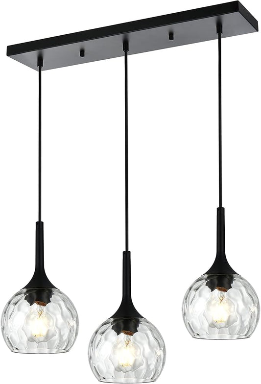 VINLUZ Linear 3-Light Hanging Pendant Kitchen Island Light in Black Finish, Modern Chandelier with Round Ribbed Glass Shades for Dining Room and Hallway