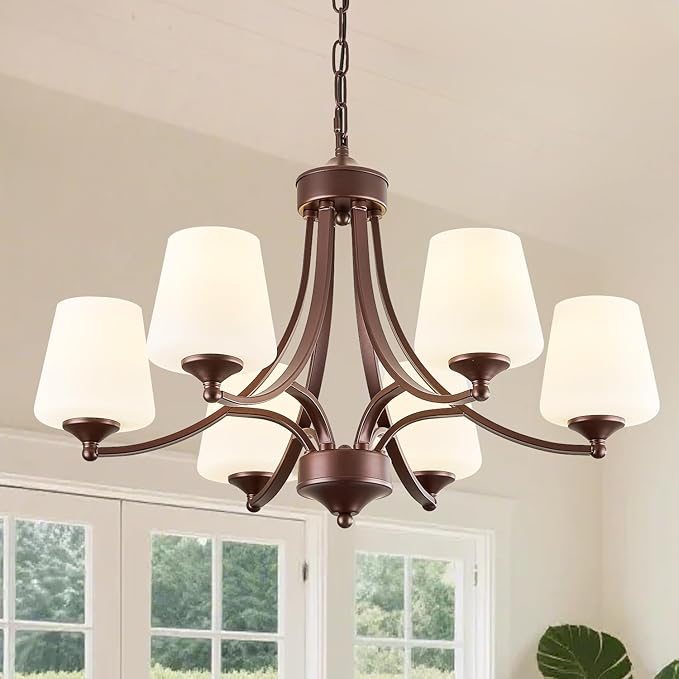 Oil-Rubbed Bronze Farmhouse Chandelier for Dining Room Hanging Lighting Fixtures 6-Light Chandelier with Frosted Glass Shade, Rustic Pendant Light for Kitchen Island Adjustable Height 47.2’’