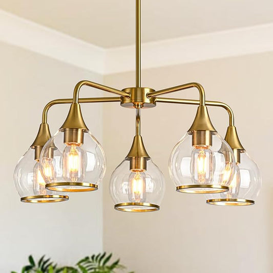 Island Light for Kitchen, 5-Light Gold Kitchen Island Linear Hanging Light Chandeliers Dining Room Light Fixture Over Table with Clear Round Glass Shades