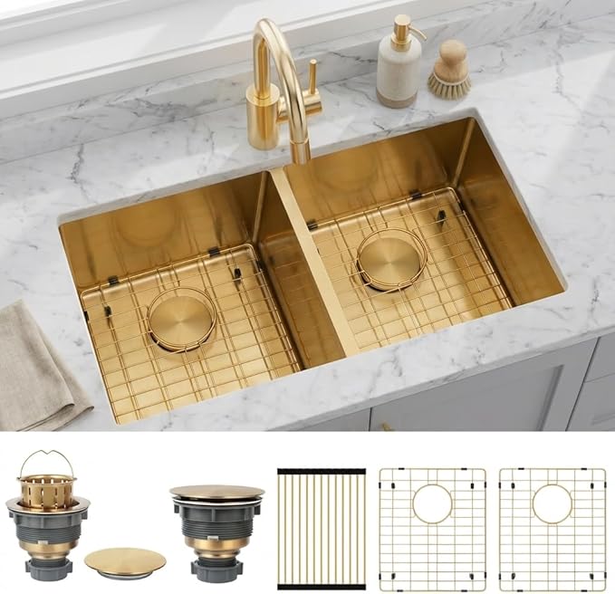 LQS Gold Kitchen Sink, 32 Inch Kitchen Sink Gold Double Bowl, Undermount Kitchen Sink 16 Gauge Stainless Steel with Golden Accessories, Modern Style