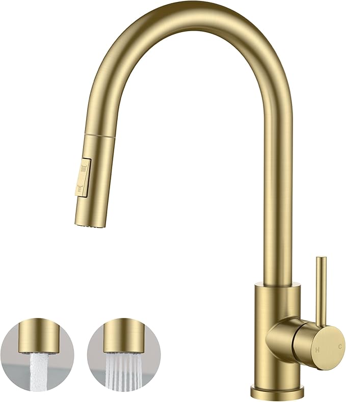 FORIOUS Gold Kitchen Faucet with Pull Down Sprayer, Classic Single Hole Kitchen Sink Faucet with Deck Plate, Single Handle, High Arc Stainless Steel, Fit for RV Bar Farmhouse Laundry Outdoor